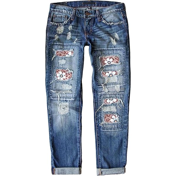 Mode luxe Womens Ripped Jeans Plaid Patch Boyfriend Skinny